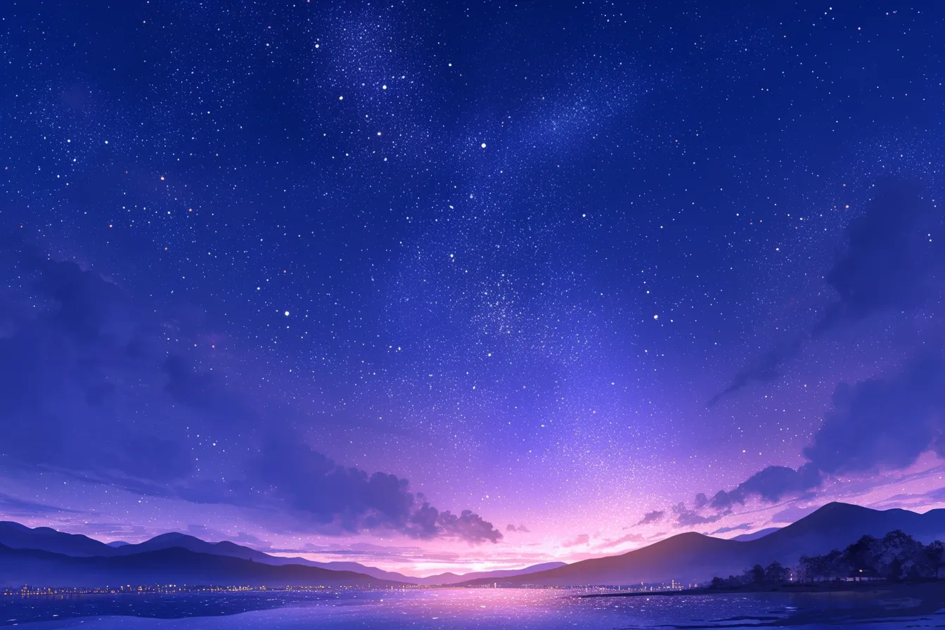 紫の光に染まる夜空の絵｜夜明け前のような紫色の光に包まれた夜空の絵は、洗練された雰囲気を漂わせます。高級感や感性を重視する企業の広告にふさわしいビジネス写真素材です。