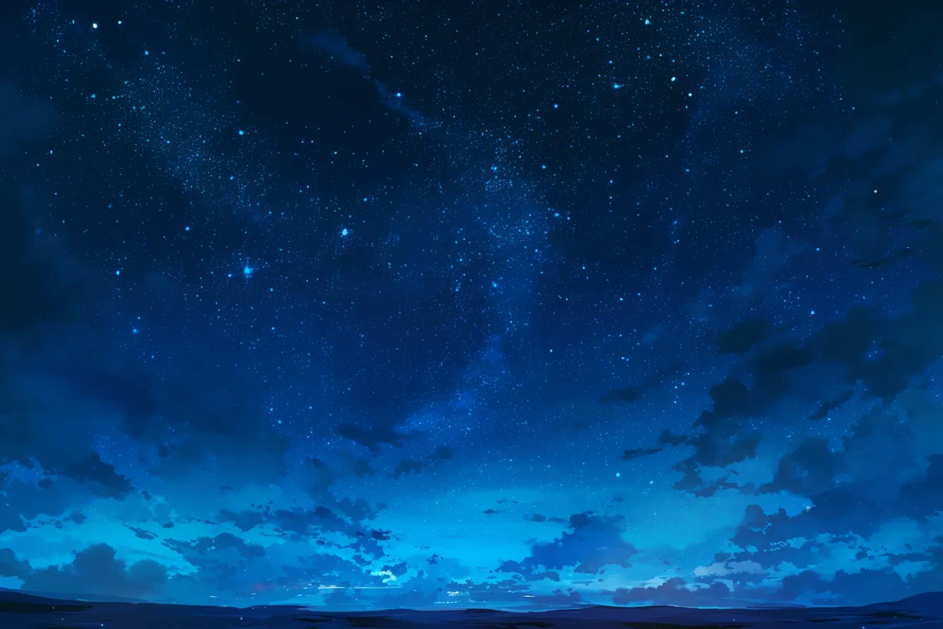 広大に広がる夜空の絵｜雲間から広がる満天の星を描いた夜空の絵は、雄大さと清涼感を兼ね備えています。自然をテーマにした事業や観光分野で活用可能なビジネス写真素材です。