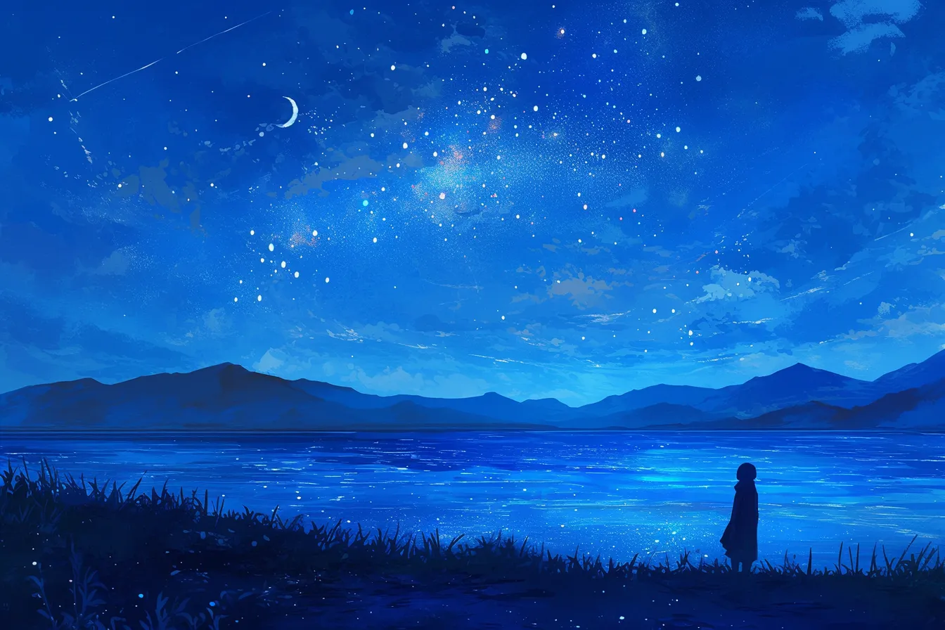 湖畔に佇む人物と夜空の絵｜湖面に反射する星々と人物の対比が印象的な夜空の絵は、物語性と静謐さを強調します。教育や出版物の表紙などに適したビジネス写真素材です。