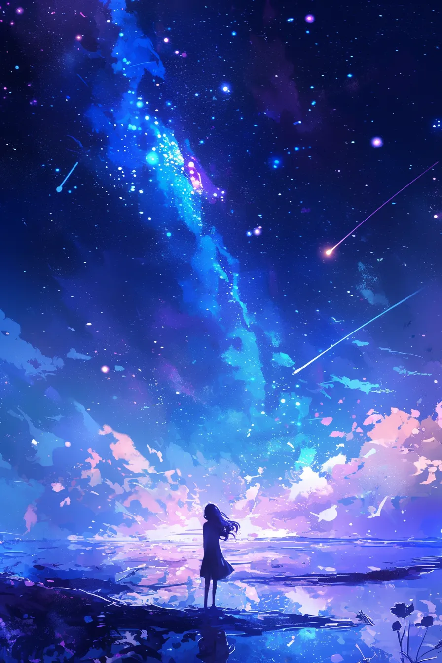 幻想的に広がる星空の絵｜鮮やかな青と紫のグラデーションで表現された星空の絵は、幻想的で神秘的な雰囲気を演出します。人物のシルエットが奥行きを与え、広告や企画の背景素材として感情を引き立てるビジネス写真素材です。