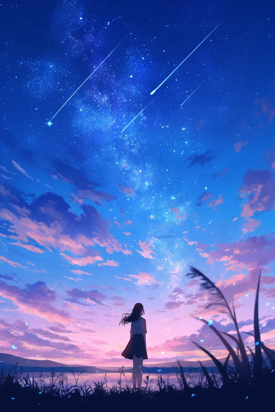 流星群を見上げる星空の絵｜流れる流星と淡い夕暮れの色彩が溶け合う星空の絵は、希望や未来を連想させる印象的な構成です。明暗のコントラストが高く、プレゼンやウェブデザインで視覚的なインパクトを与えるビジネス写真素材です。
