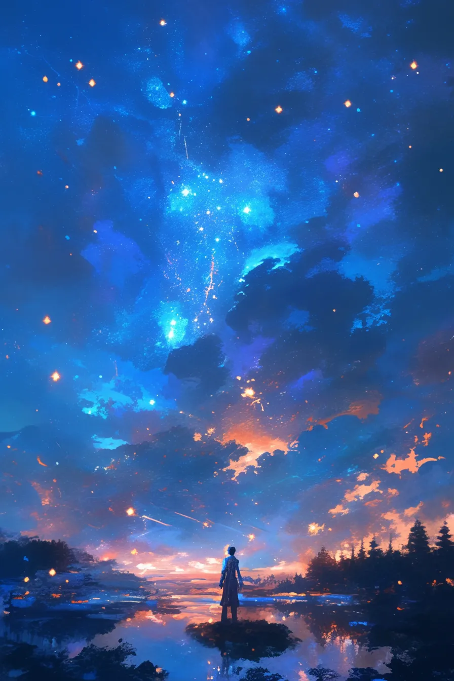 広大な空と人物の星空の絵｜壮大なスケールで描かれた空に人物を配した星空の絵は、ドラマチックで物語性のある構図が特徴です。青とオレンジの色彩が調和し、企業のブランディングや広告に適したビジネス写真素材です。