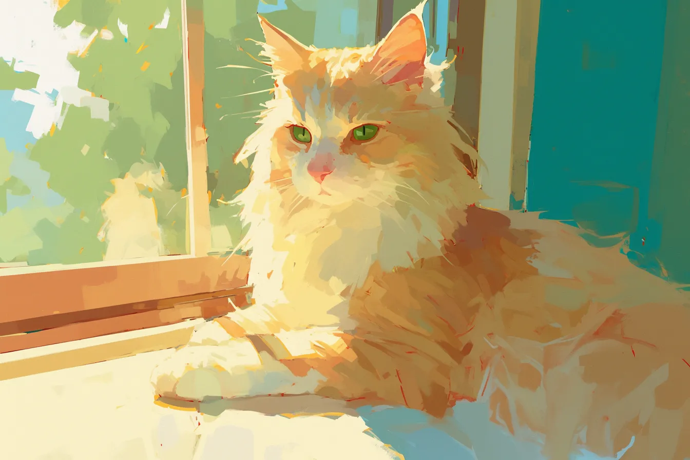 窓辺で寛ぐ長毛猫の絵｜鮮やかな光のコントラストと色彩表現が印象的な猫の絵。窓辺で優雅に座る姿は高級感や落ち着きを演出し、広告やパンフレットの挿絵に使いやすいです。