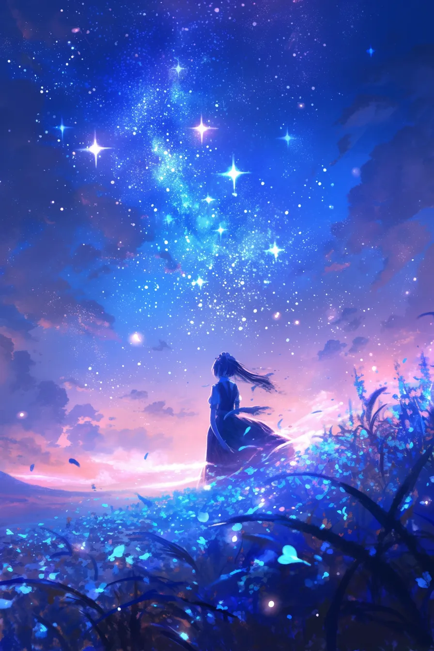 花畑に立つ人物と星空の絵｜花畑と空を対比的に描いた星空の絵は、詩的で幻想的な雰囲気を漂わせます。鮮やかな星の輝きと人物のシルエットが調和し、書籍やポスターの背景素材として映えるビジネス写真素材です。