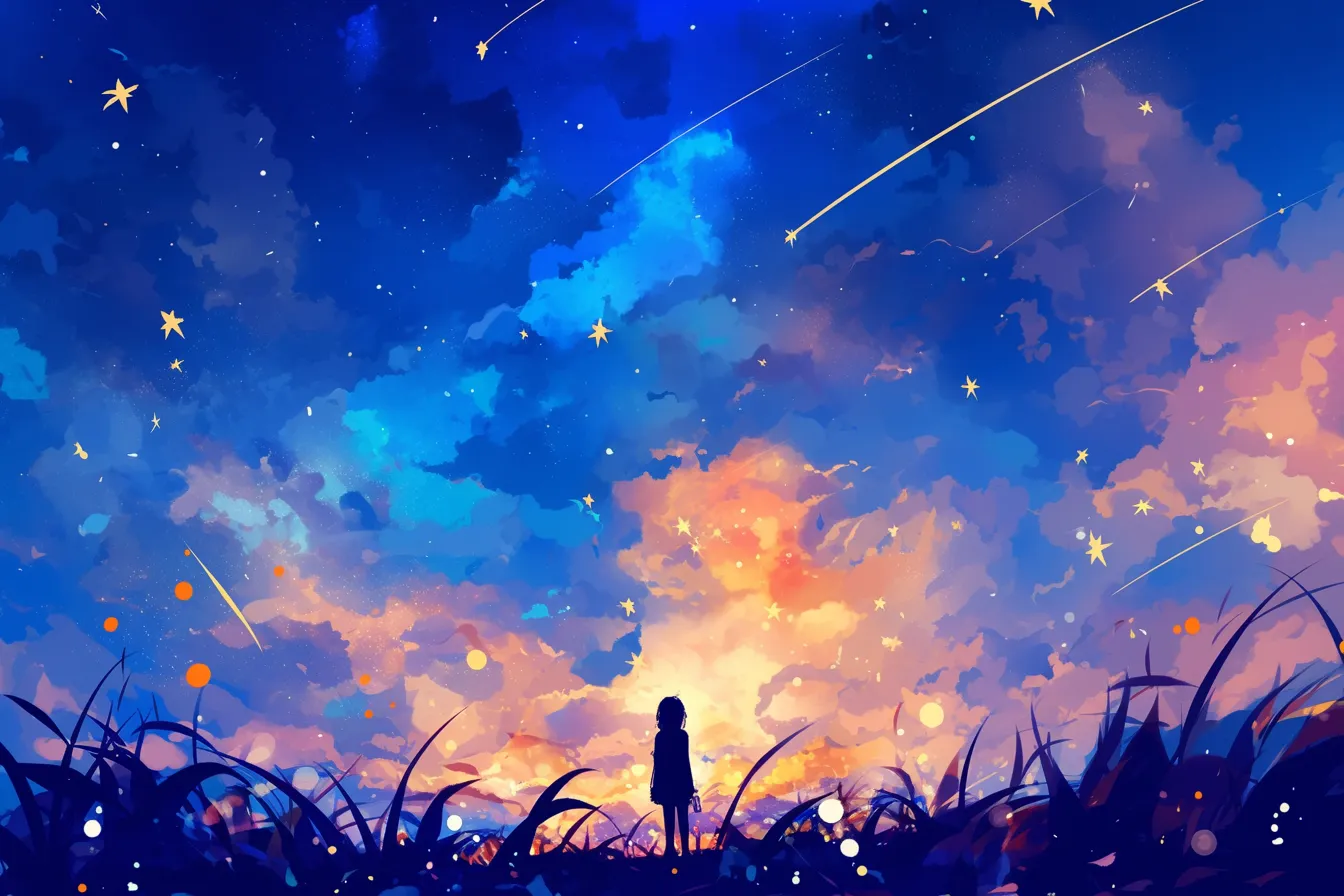 カラフルな雲と流星の星空の絵｜色鮮やかな雲と数多くの流星を重ねた星空の絵は、動きと輝きを強調しています。暖色と寒色のダイナミックなコントラストが特徴で、映像やデジタルコンテンツの演出に効果的なビジネス写真素材です。