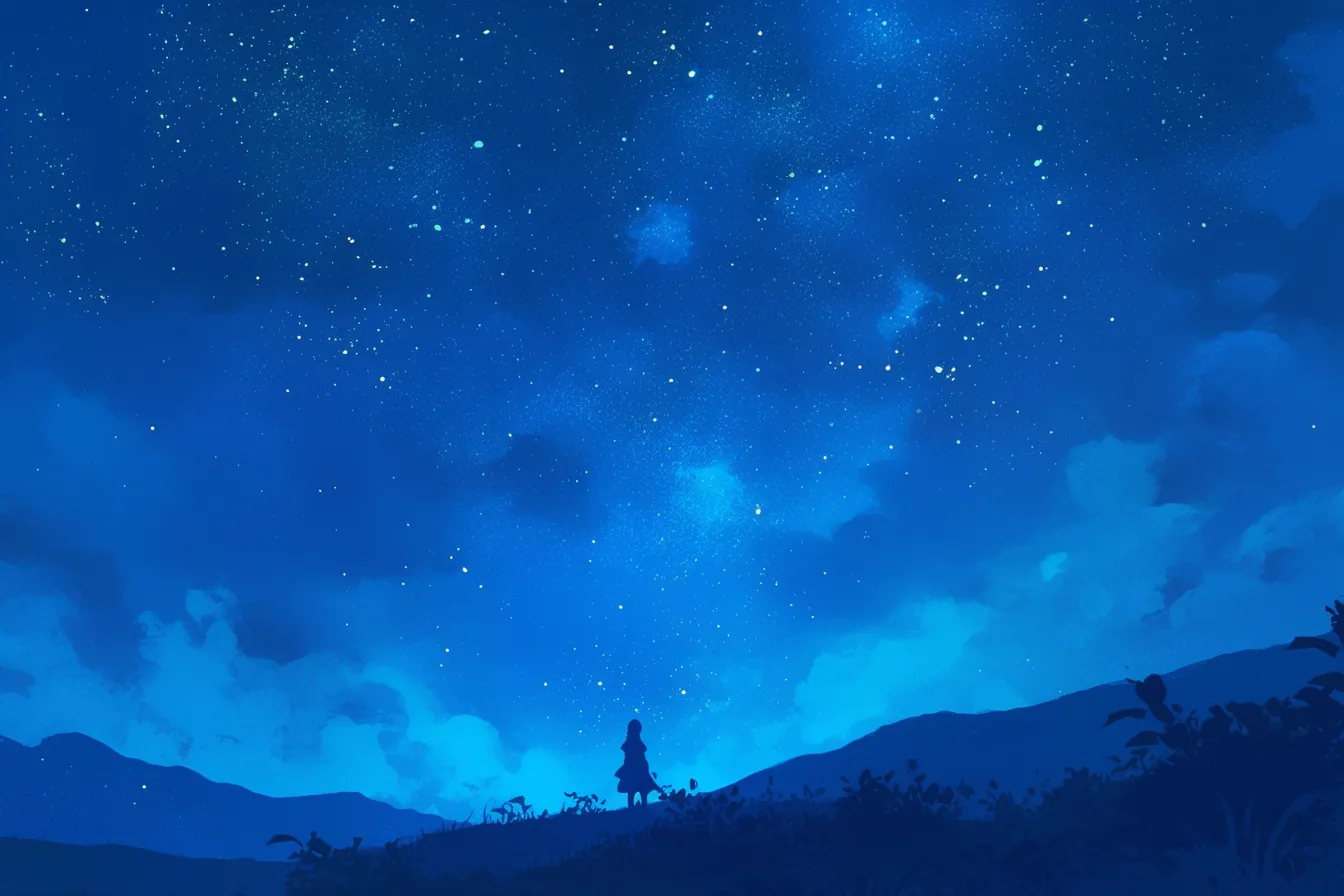 シルエットが映える星空の絵｜山や人物のシルエットと広がる星々をシンプルに描いた星空の絵は、静謐で落ち着いた雰囲気を持ちます。余白を活かした構図が洗練され、資料や広告の背景に最適なビジネス写真素材です。
