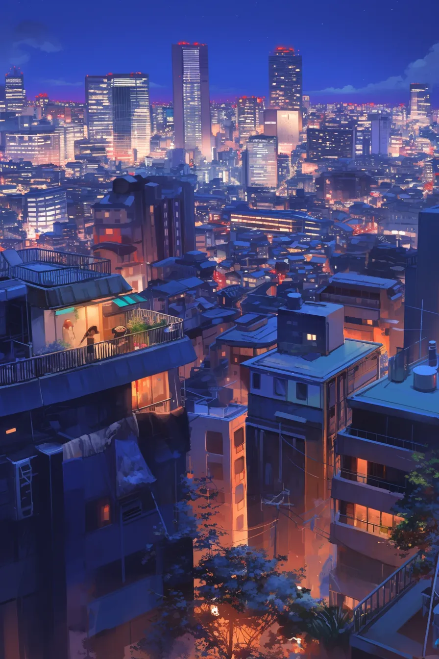 高層ビル群が輝く夜景の絵｜高層ビルの光と低層住宅の灯りが対比する夜景の絵。都会的で洗練された印象があり、ビジネス素材として幅広い場面に活用できます。