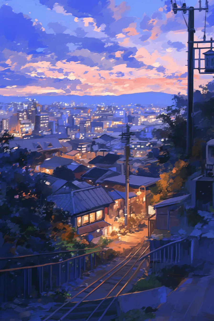 坂道から見下ろす夜景の絵｜夕暮れから夜に移り変わる時間帯を描いた坂道の夜景の絵。温かい光と青い空が調和し、親しみやすく落ち着いた印象を与えます。