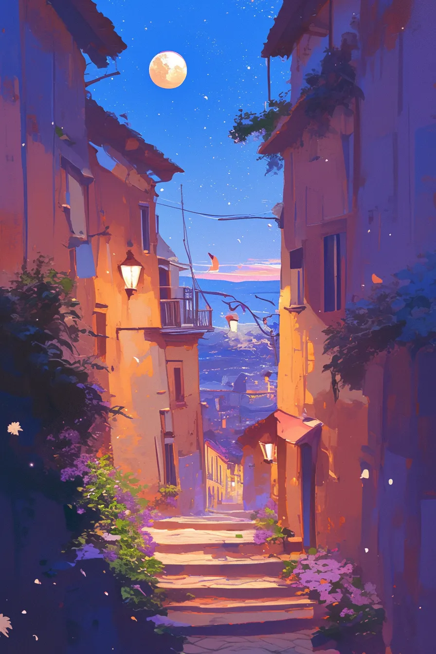 路地と月明かりの夜景の絵｜石畳の路地に月が浮かぶ幻想的な夜景の絵。街灯の光と夜空が調和し、観光やライフスタイル関連素材に適した情緒ある雰囲気です。