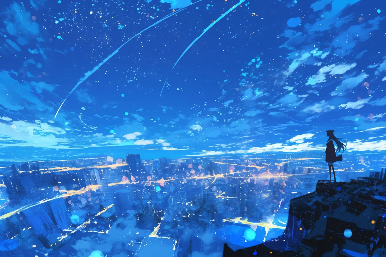 展望台からの都市夜景の絵｜高台から広がる都市の光と流れる星が描かれた夜景の絵。壮大でダイナミックな雰囲気を持ち、未来的な表現に使いやすい素材です。