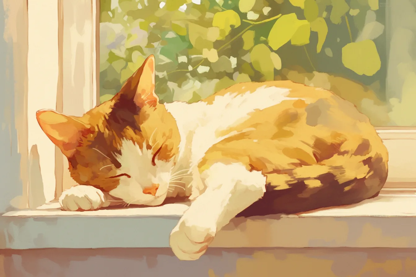 窓際で眠る三毛猫の絵｜自然な緑を背景に、安らかに眠る姿を優しい筆致で描いた猫の絵。日常感がありながらも癒しを感じさせ、SNSや記事用のカットとして需要があります。