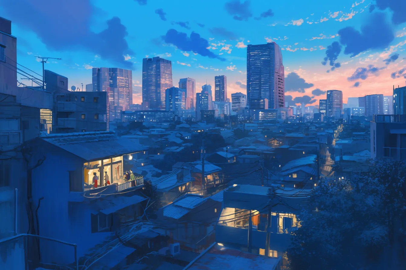 街並みと高層ビルの夜景の絵｜下町の家々と遠くの高層ビル群が対比する夜景の絵。現実感と温かさを兼ね備え、ビジネスから生活関連まで幅広い用途に対応します。