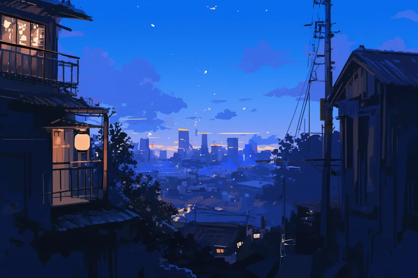 窓辺から見える夜景の絵｜窓越しに都市の灯りを望む夜景の絵。暗がりと灯りのコントラストが心地よく、広告やイラスト素材として使いやすい柔らかな表現です。