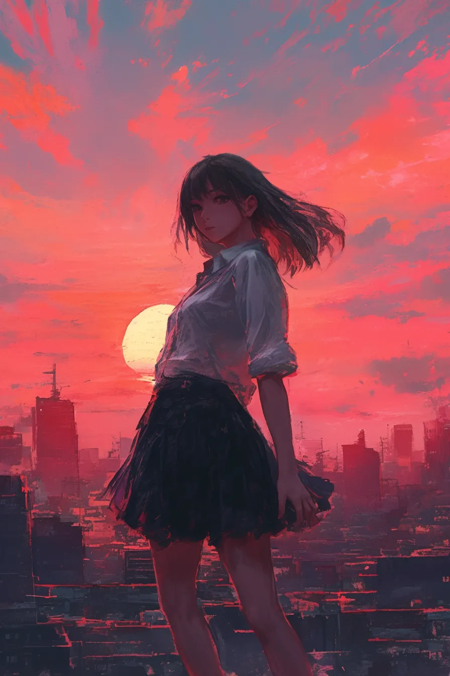 人物と街並みの夕焼けの絵｜赤い空と沈む太陽を背景にした人物の夕焼けの絵。シルエット感と強い色彩表現が印象的で、広告やビジュアル素材に高い訴求力を持ちます。