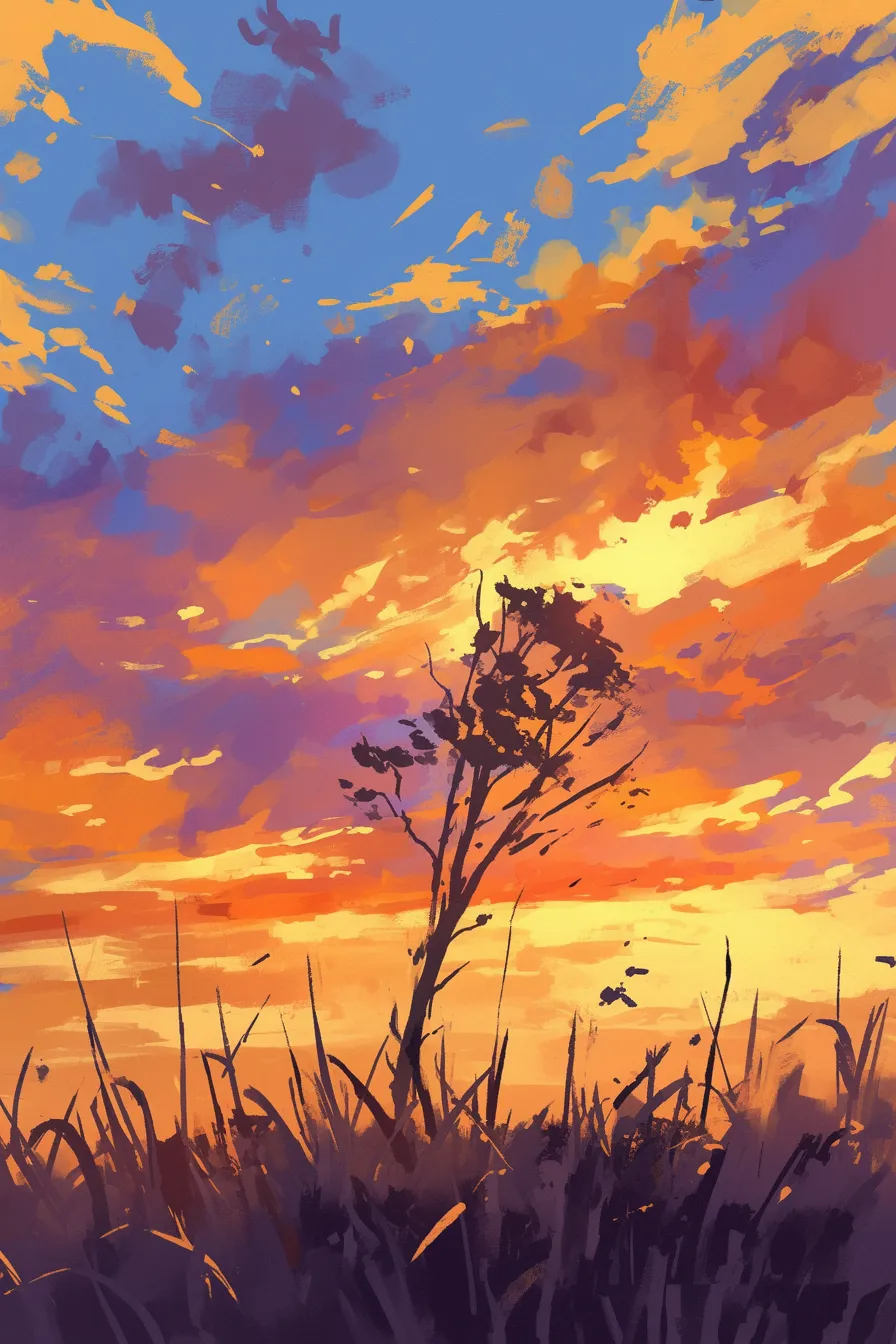 一本の木と草原の夕焼けの絵｜草原に立つ一本の木を描いた夕焼けの絵。オレンジや紫の大胆な筆致が温かさを演出し、自然や環境をテーマにした素材に適しています。