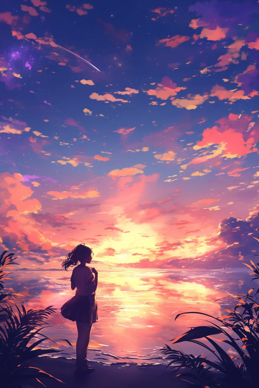 少女と海辺の夕焼けの絵｜海辺に立つ少女を描いた夕焼けの絵。光の反射と空の色彩が繊細に表現され、観光やライフスタイル関連のビジュアル素材に活用しやすい雰囲気です。