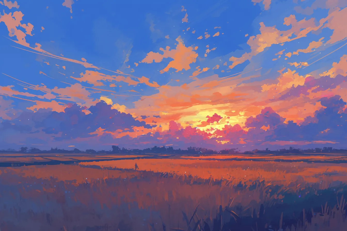 広大な田園風景の夕焼けの絵｜果てしなく広がる田園風景を描いた夕焼けの絵。開放感とノスタルジックな雰囲気があり、地域プロモーションや自然関連の用途に効果的です。