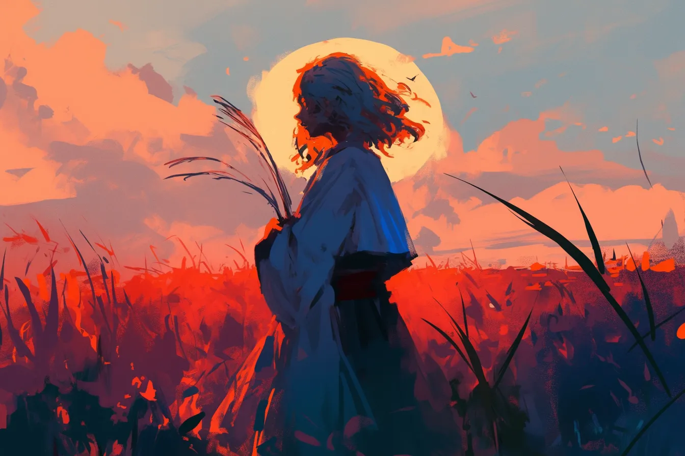 人物と太陽が重なる夕焼けの絵｜後光のように人物と太陽が重なった夕焼けの絵。大胆な配色とシルエットが印象的で、メッセージ性の強い広告やポスターに適しています。