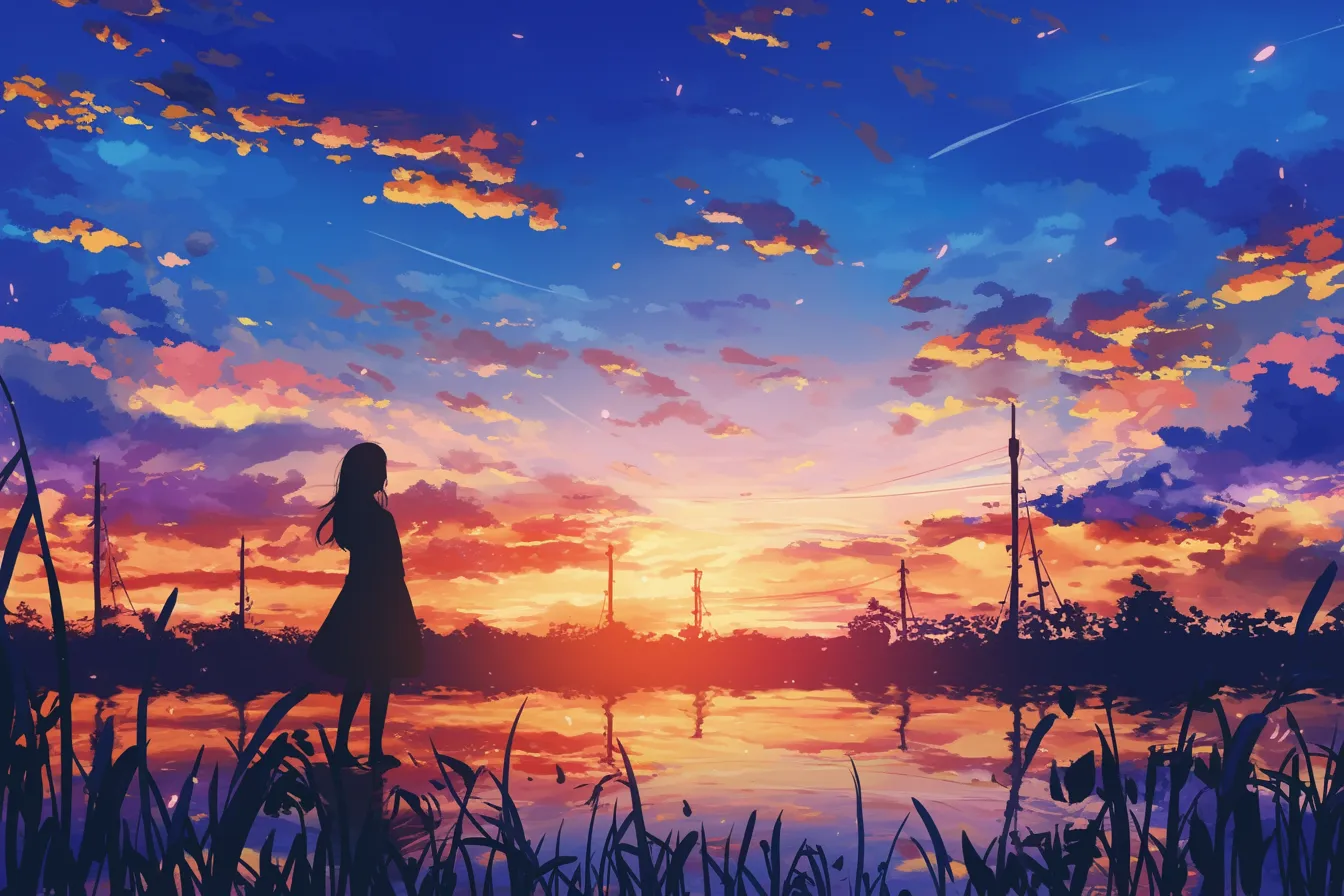 少女と川辺の夕焼けの絵｜川辺に佇む少女のシルエットが描かれた夕焼けの絵。水面の反射とカラフルな空が融合し、柔らかい情緒を伝えるビジネス素材に使えます。