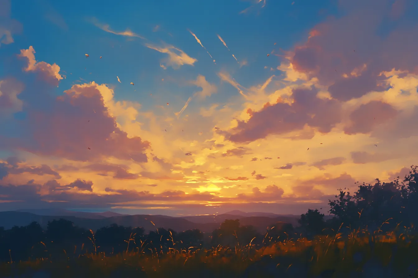 丘から望む空の夕焼けの絵｜丘の上から見渡す空と雲を描いた夕焼けの絵。自然光の美しさと空の広がりを強調し、アウトドアや観光関連素材として活用可能です。
