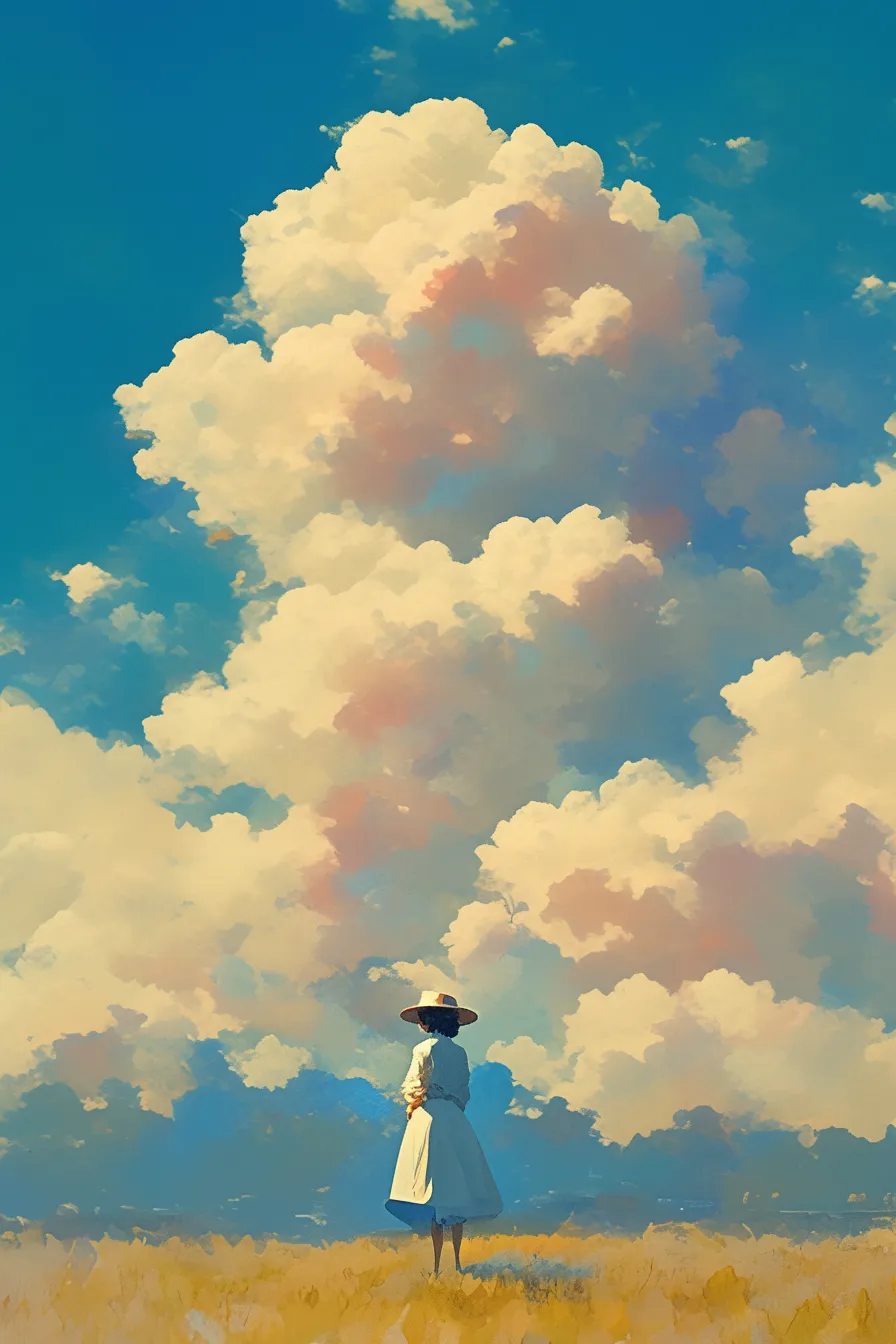 人物と広がる雲の絵｜草原に立つ人物と大きくそびえる雲の絵。柔らかい筆致と淡い色彩が心を落ち着かせ、広告やポスターの背景素材として印象的に活用できます。