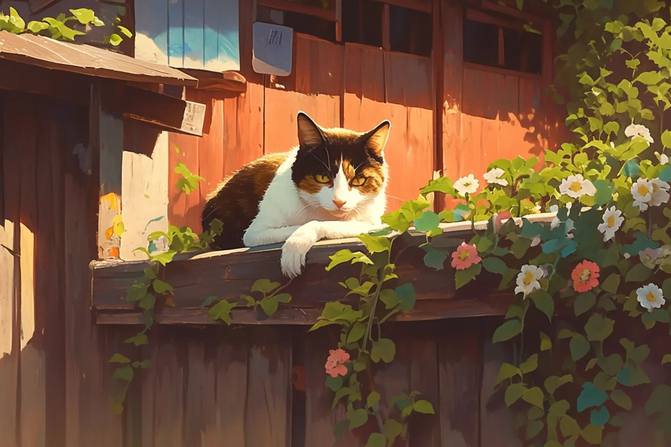 赤い小屋に佇む猫の絵｜古風な建物と花々に囲まれた情緒ある構図で描かれた猫の絵。ノスタルジックな雰囲気が強調され、観光や田舎暮らしをテーマにした媒体に活用可能です。