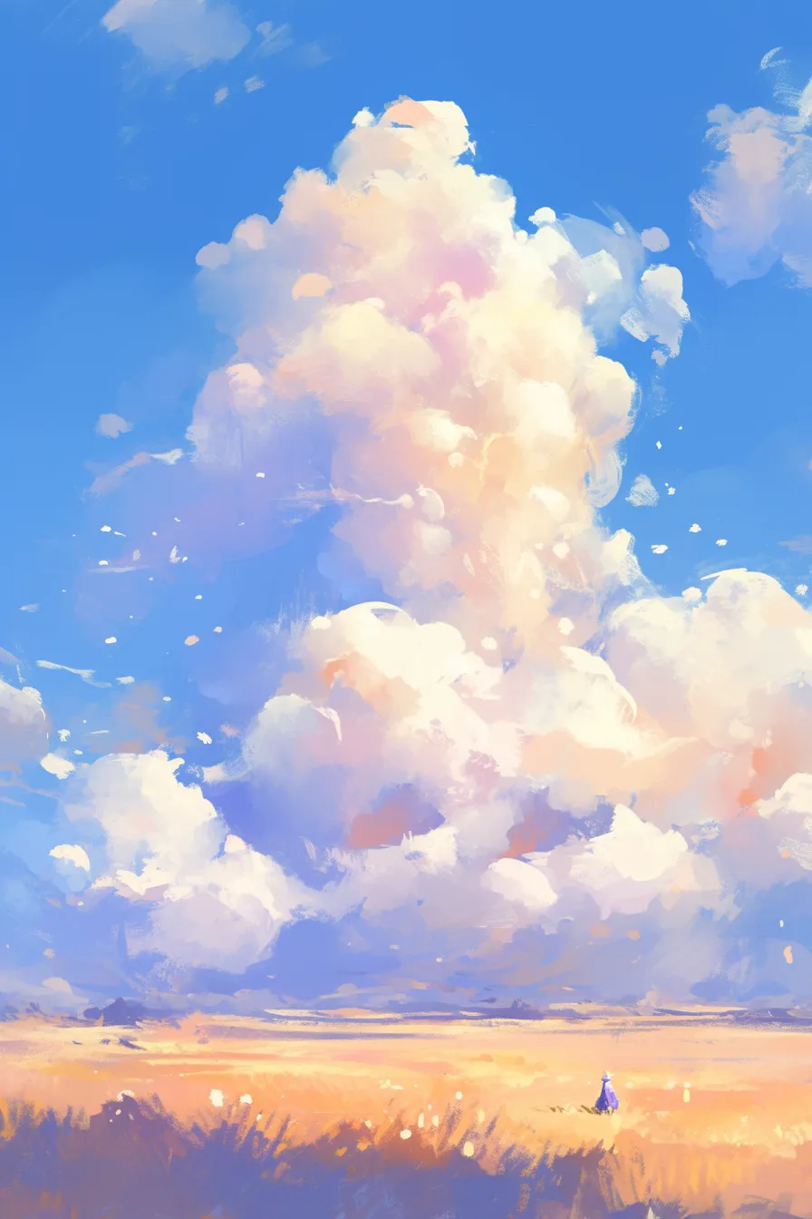 青空に伸びる積雲の雲の絵｜黄金色の野原と青空にそびえる積雲の雲の絵。軽快なタッチと鮮やかなコントラストが爽やかさを演出し、季節感を伝える素材に最適です。