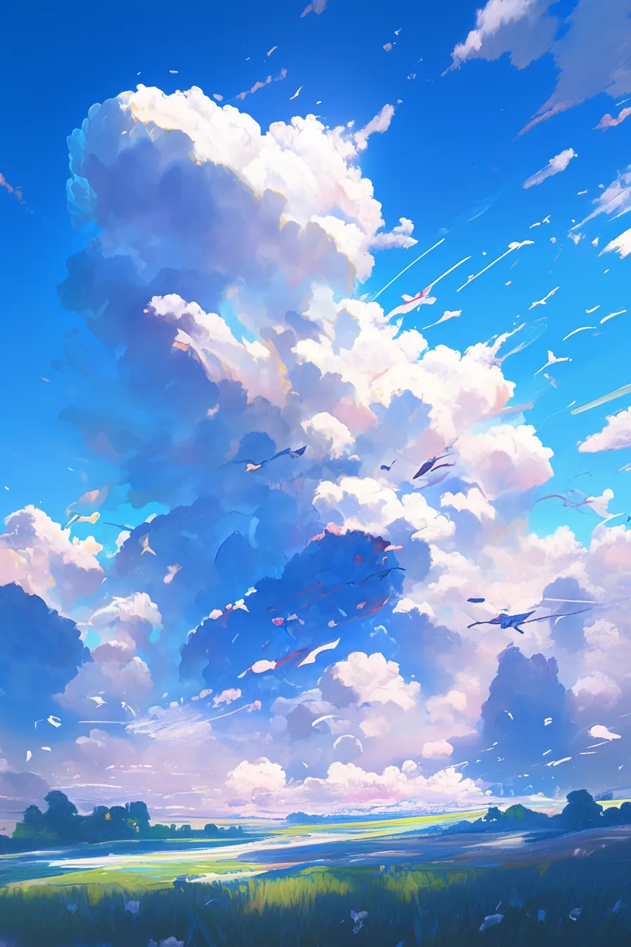 鳥が舞う空と雲の絵｜雄大な積雲と飛び交う鳥を描いた雲の絵。動きと広がりを強調する構図で、自然や旅行関連のビジネス写真素材として効果的です。