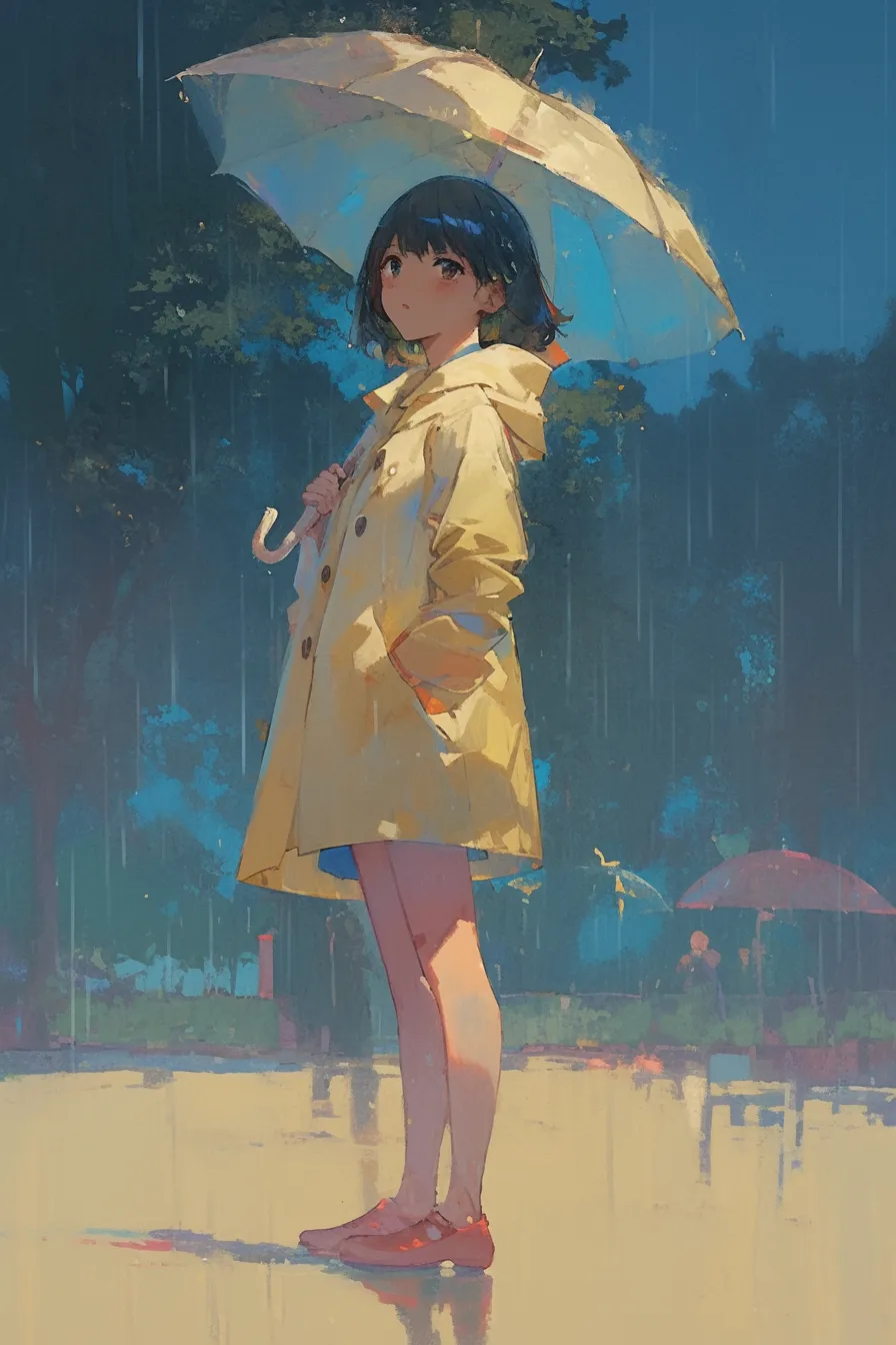 黄色いレインコートの少女の雨の絵｜黄色いレインコートを着た少女の雨の絵は、落ち着いた色調の中で明るさを強調しており、子供用品や雨具関連の広告素材として適した表現です。