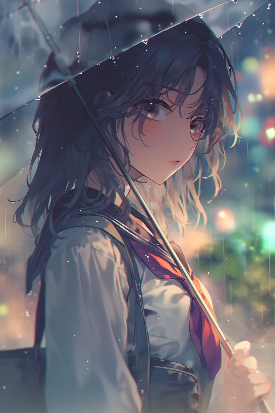 モノクローム調の少女の雨の絵｜雨の中で佇む少女を繊細なタッチで描いた雨の絵は、シックでスタイリッシュな雰囲気を持ち、ファッションやドラマ的演出に向いた素材です。