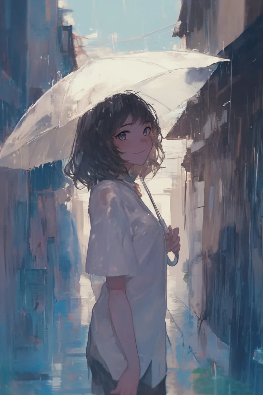 振り返る笑顔の少女の雨の絵｜透明な傘を差し微笑む少女の雨の絵は、柔らかい筆致で温かさを表現しており、教育や街の風景を彩るパンフレットに活用できます。