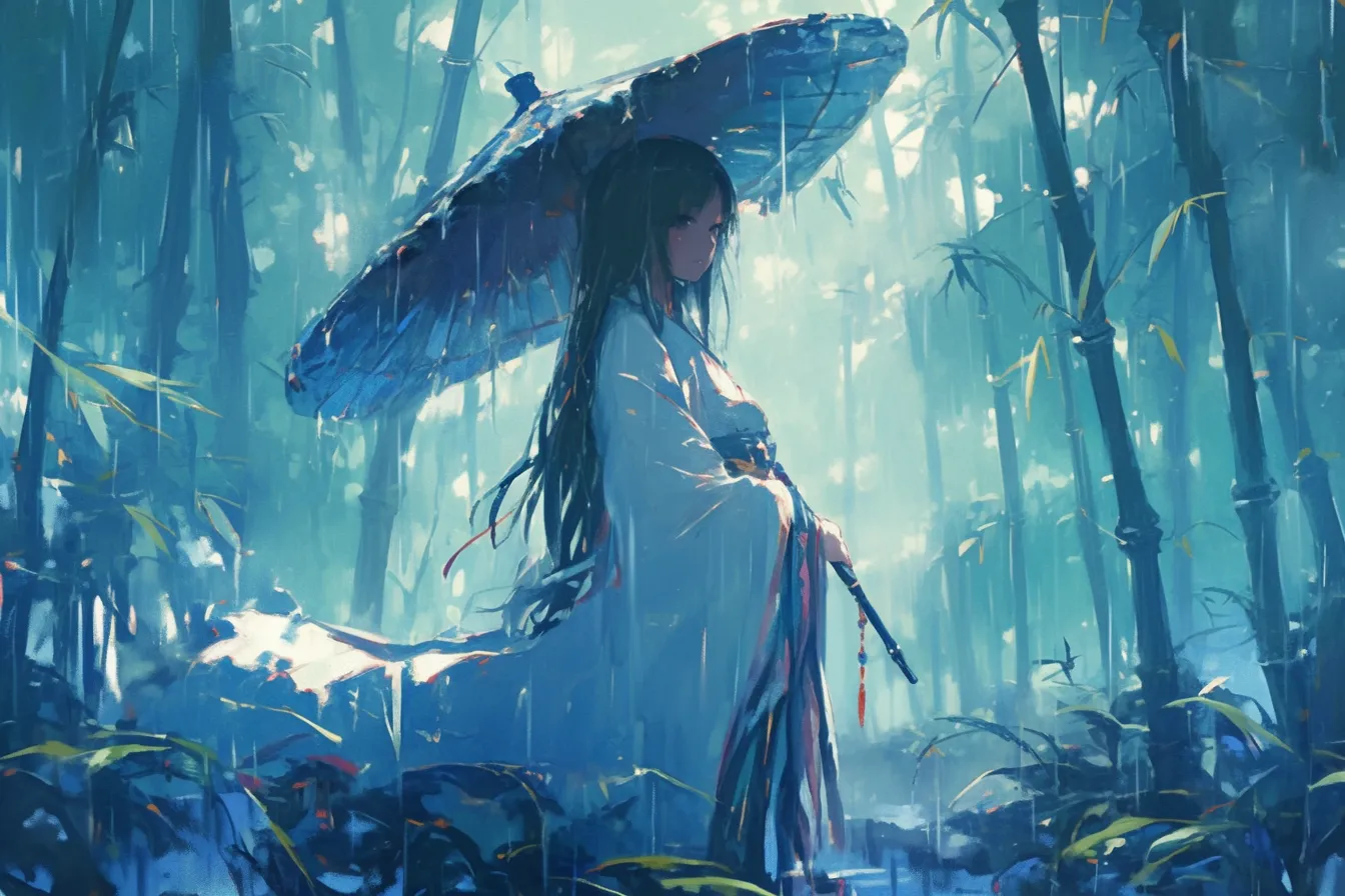 和傘を持つ女性の竹林の雨の絵｜竹林を背景に和傘を持つ女性を描いた雨の絵は、日本的で落ち着いた雰囲気を持ち、観光PRや伝統文化関連のビジュアルに効果的です。