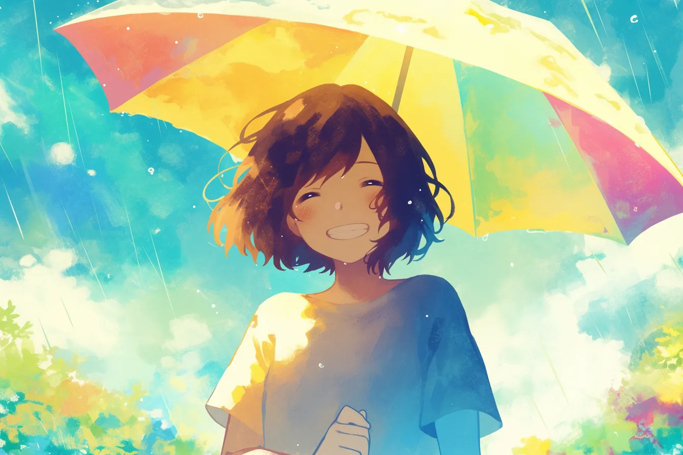 虹色の傘を差す笑顔の少女の雨の絵｜カラフルな傘と大きな笑顔が特徴的な少女の雨の絵は、明るくポップな印象を与え、教育関連や若者向けのキャンペーン素材に最適です。
