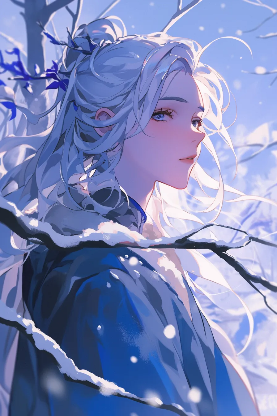 女性と冬景色の雪の絵｜白銀の髪を持つ女性が冬の森に佇む雪の絵。冷たい空気感と透明感ある色彩が印象的で、ファッションやビジュアル広告素材として活用可能です。