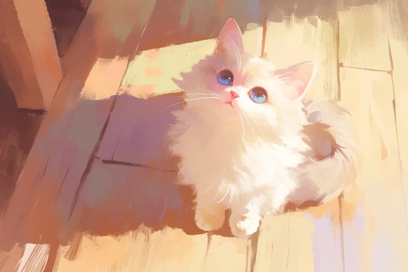 青い瞳の子猫の絵｜大きな瞳が印象的に描かれた柔らかなタッチの猫の絵。温かい光を浴びる姿が愛らしく、ペット用品や子ども向け商材のイメージとして適しています。