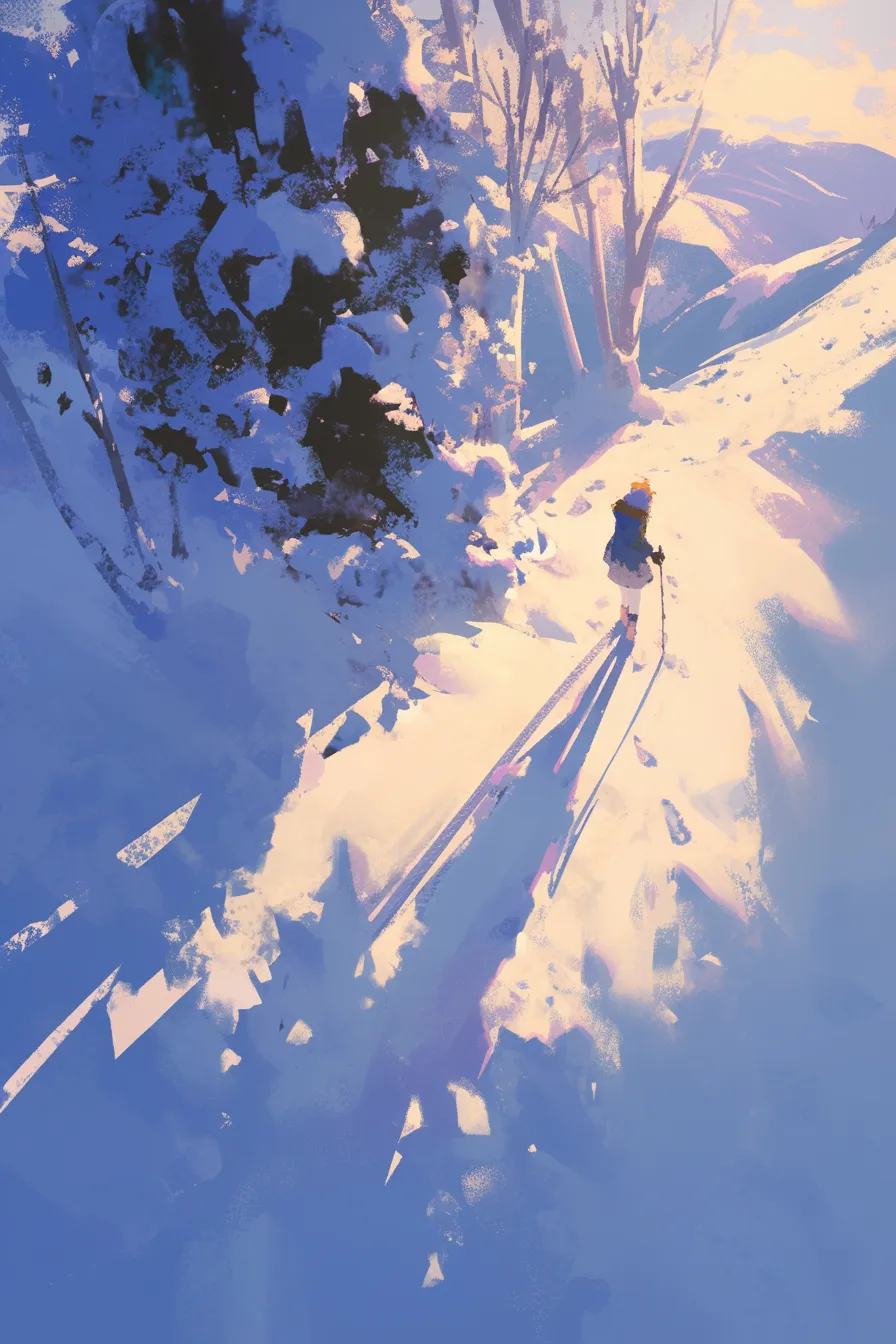 登山者と雪山の雪の絵｜雪深い山道を進む登山者を描いた雪の絵。筆致の力強さと光の表現が臨場感を与え、アウトドアや観光プロモーション素材に最適です。