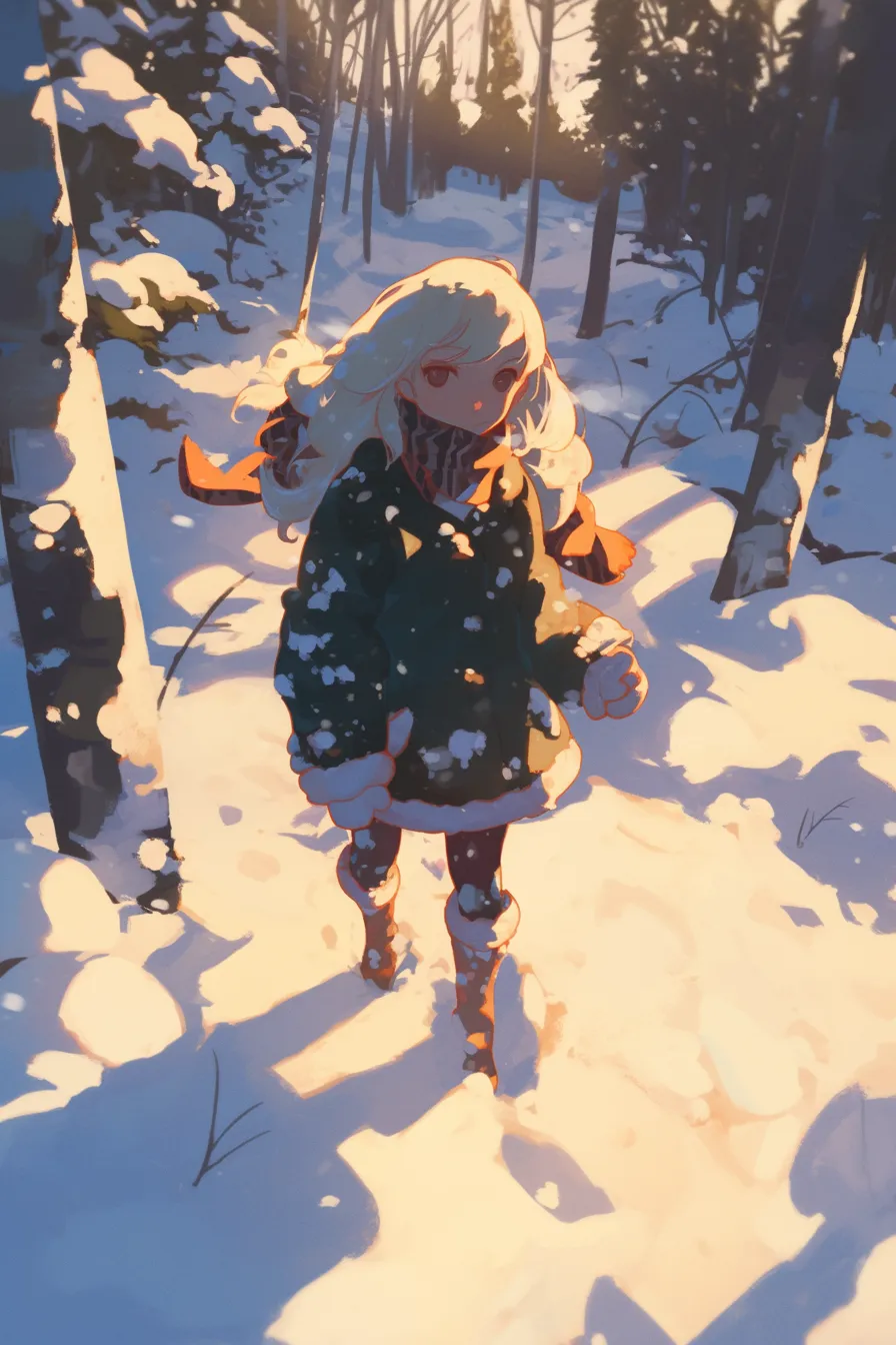 少女と森の雪の絵｜雪の中を歩く少女を描いた雪の絵。柔らかな光と木々の影が温かさを演出し、冬のイベントやライフスタイル系広告素材に効果的です。