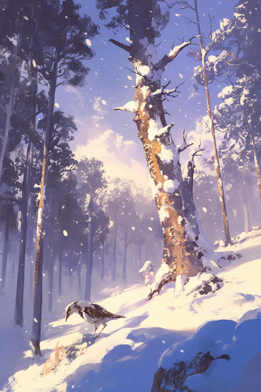 森と鳥の雪の絵｜深い森と雪の中の鳥を描いた雪の絵。幻想的で静かな雰囲気が漂い、自然や環境関連のビジネス素材として魅力的に利用できます。