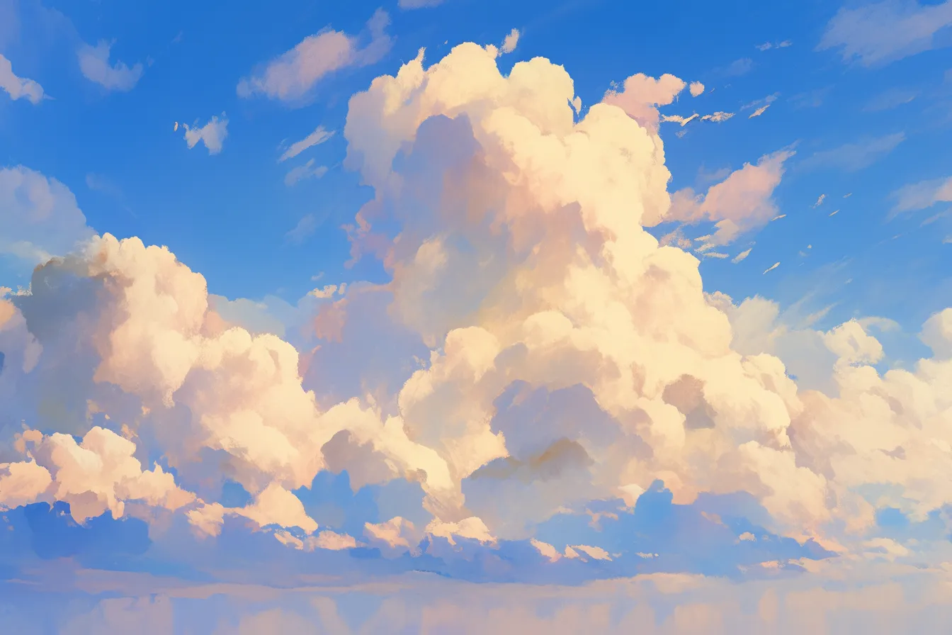 積雲と青空の雪の絵｜冬の澄んだ青空に浮かぶ積雲を描いた雪の絵。鮮やかな配色と開放感があり、広告やポスター背景素材として活用範囲が広いです。