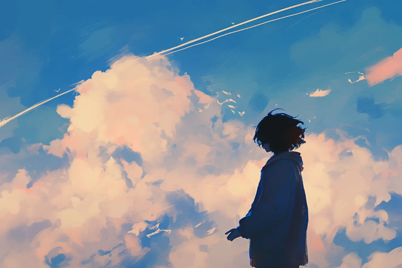 人物と雲と空の雪の絵｜人物と飛行機雲が重なる空を描いた雪の絵。温かみのある夕暮れの色彩が心地よく、ビジュアル訴求力の高い広告素材として有効です。