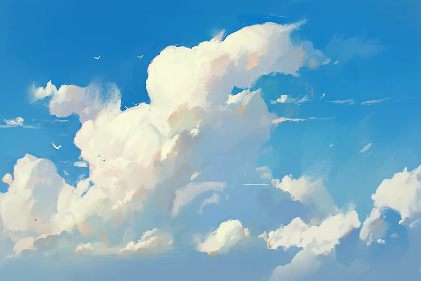 鳥と青空の雪の絵｜青空と飛び交う鳥を描いた雪の絵。シンプルながらも爽快感があり、ナチュラルさや自由さを訴えるビジネスシーンに適しています。