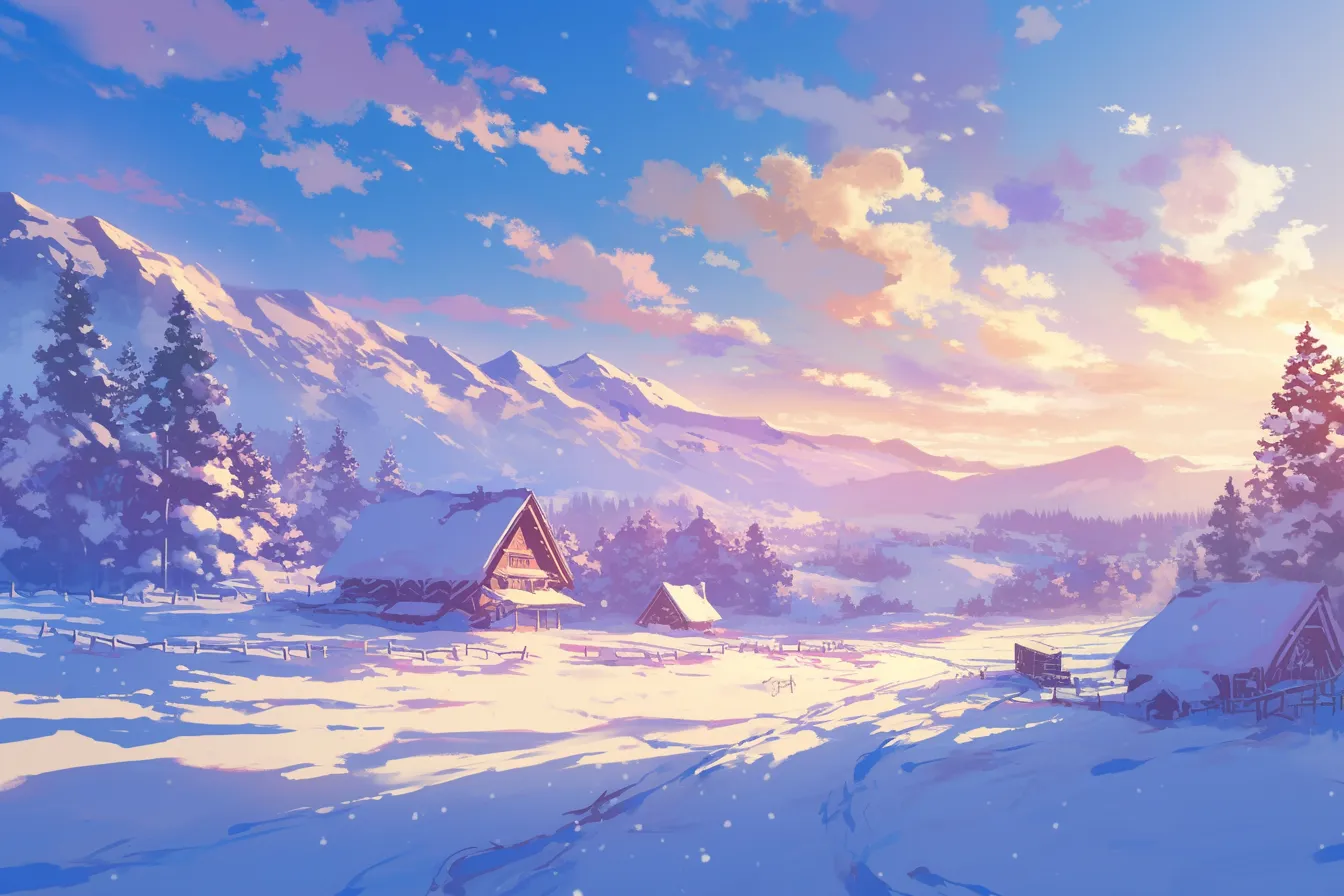 雪景色と山村の雪の絵｜雪化粧をまとった山村風景を描いた雪の絵。温かな光と雪景色のコントラストが美しく、観光プロモーションや冬季イベントに最適です。