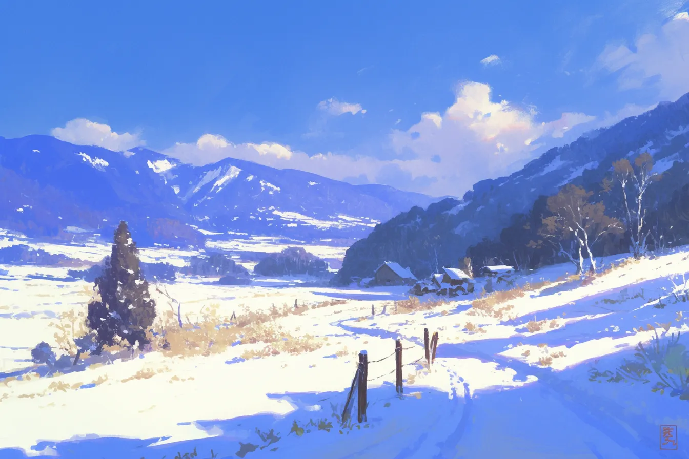 冬の山里の雪の絵｜山間の集落を描いた冬景色の雪の絵。落ち着いた筆致と清涼感ある色合いが特徴で、地域紹介や広告素材に幅広く利用可能です。
