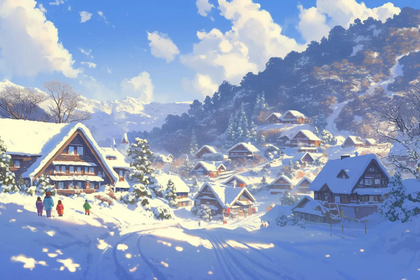 雪の絵　雪景色の村と家々｜冬の山あいに広がる村を描いた雪の絵で、白銀の屋根や木々が清涼感を与えるデザインです。ビジネス写真素材として、冬や観光、季節のイメージ訴求に適しています。