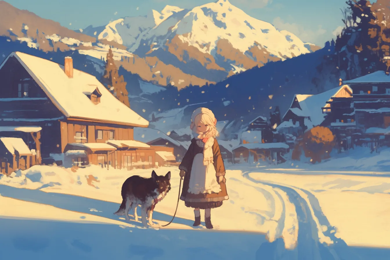 雪の絵　犬と少女の雪景色｜雪に包まれた村を背景に犬と少女を描いた雪の絵で、素朴で温かみのある雰囲気が特徴です。ビジネス写真素材として、冬の生活感や広告イメージに効果的です。