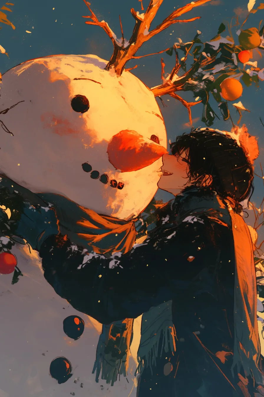 大きな雪だるまの絵と少年の情景｜暖色の光に包まれた雪だるまの絵で、少年と寄り添う場面が描かれています。温かみと親しみやすさが表現され、冬の広告や季節キャンペーン素材に適しています。