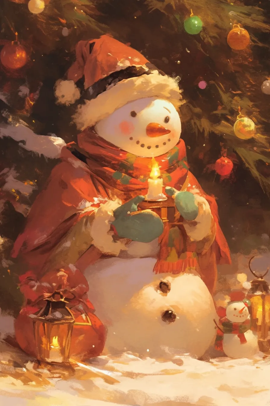 キャンドルを持つ雪だるまの絵｜ランタンやキャンドルに照らされた雪だるまの絵は幻想的な雰囲気を持ち、クリスマスや冬の販促ビジュアルに活用しやすい温かなイメージです。