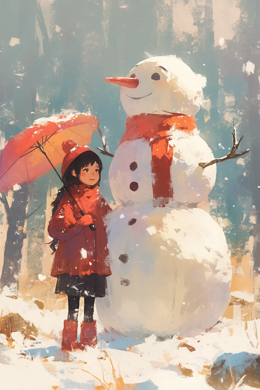 赤いコートの少女と雪だるまの絵｜少女と並ぶ雪だるまの絵は親しみやすく、童話的な構図で心温まる印象です。教育・子供向けコンテンツや冬のイベント用素材に最適です。
