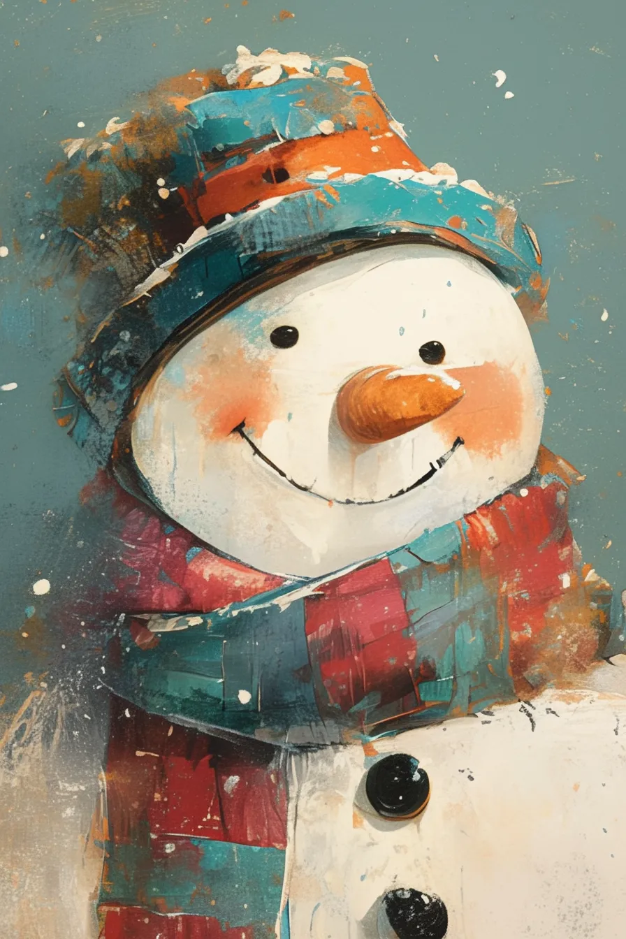 笑顔の雪だるまの絵とカラフルマフラー｜カラフルなマフラーと帽子が特徴の雪だるまの絵は、鮮やかな色彩と手描き風のタッチが印象的で、ポスターや商品パッケージに活かせます。