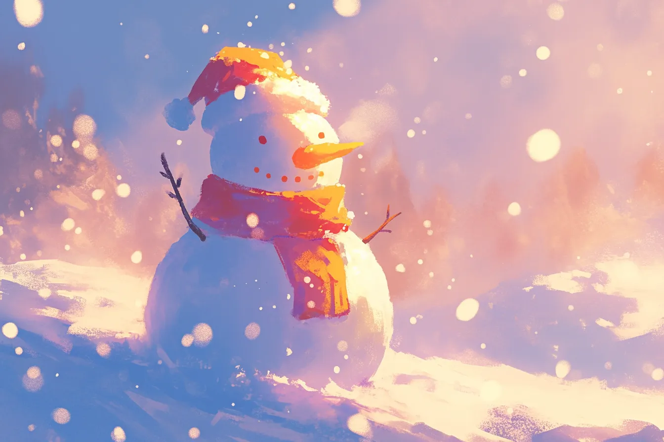 夕暮れの光に照らされた雪だるまの絵｜紫とオレンジが交じる空の下に立つ雪だるまの絵は、温かく柔らかな雰囲気を持ち、冬のキャンペーンや観光PR素材として映える一枚です。
